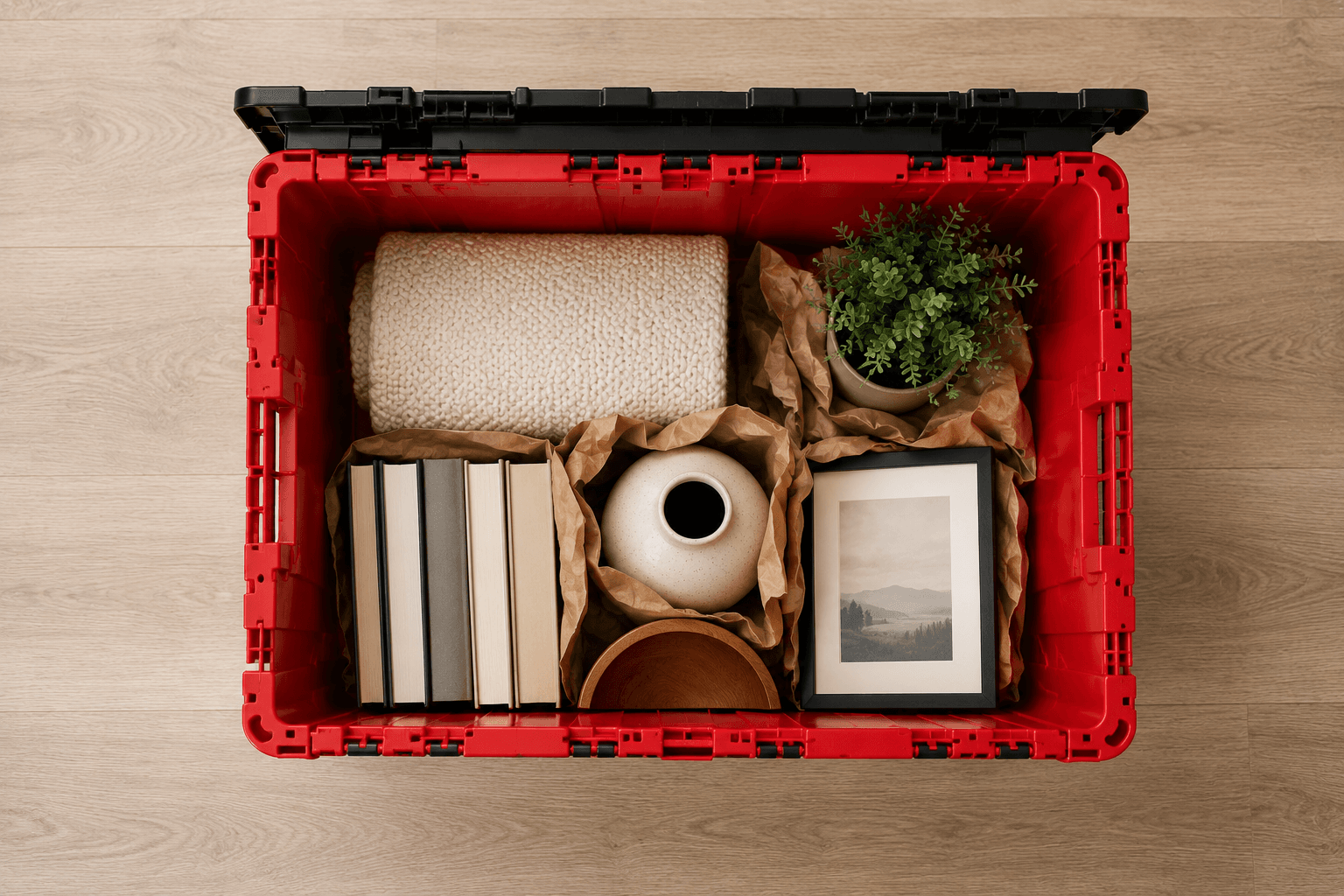 Overhead view of a packed Settled bin