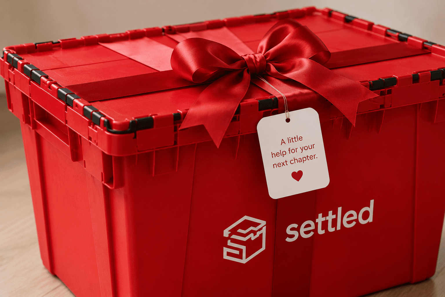 A Settled bin with a closing-gift ribbon