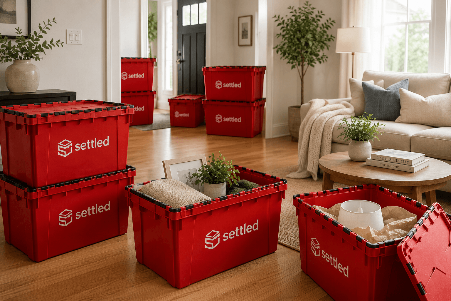 Multiple Settled bins arranged in a living room